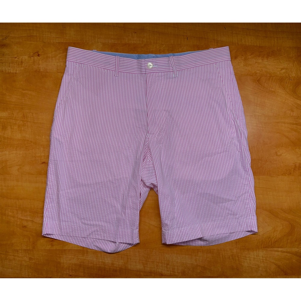 Polo Golf Ralph Lauren Mens Pink White Seersucker Striped Shorts Size 33 Preppy